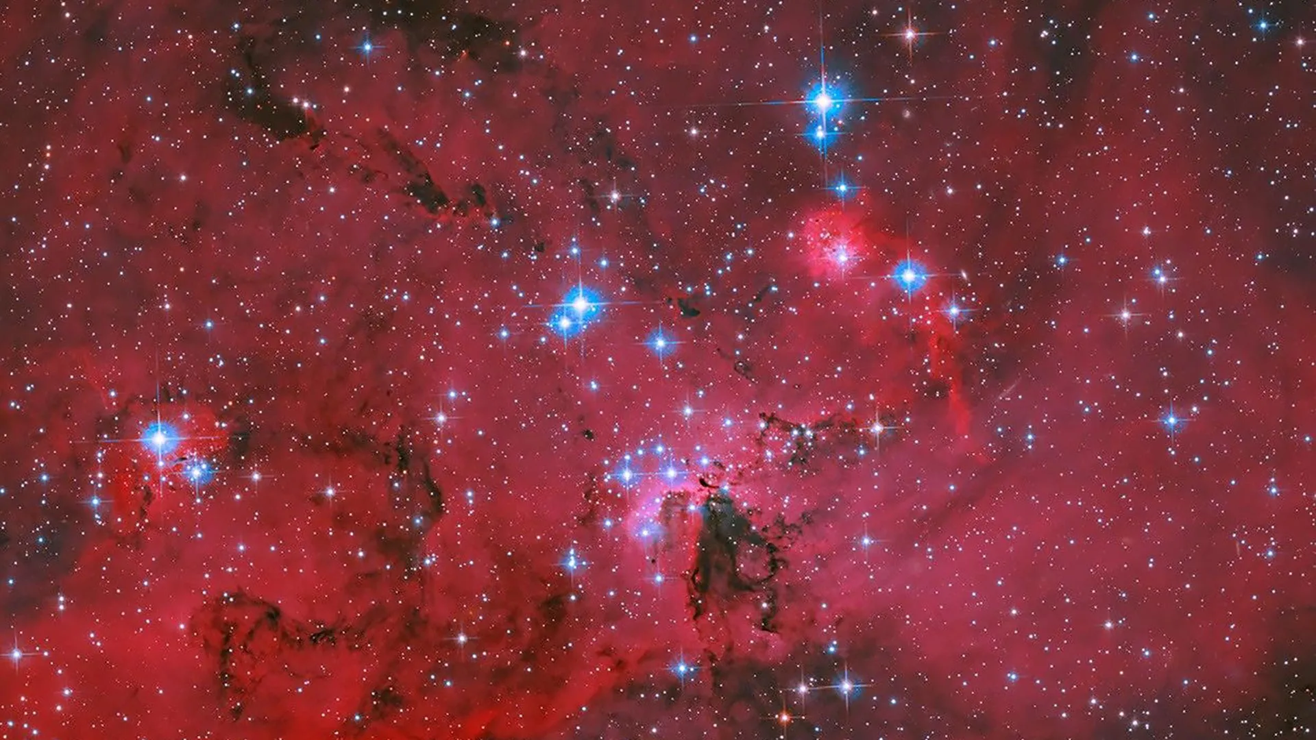 NASA's Hubble captures a crimson stellar nursery sparkling with blue and white stars